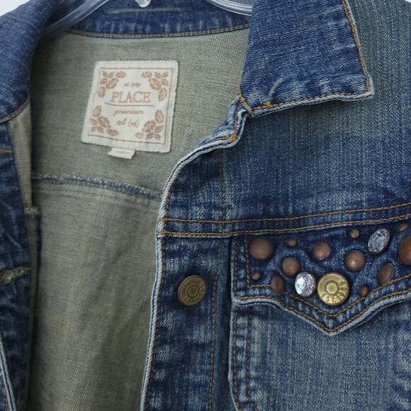 Children's Place Blue Jean Jacket Girls XL 14, Distress Bling Rhinestone Rivets - Picture 3 of 6
